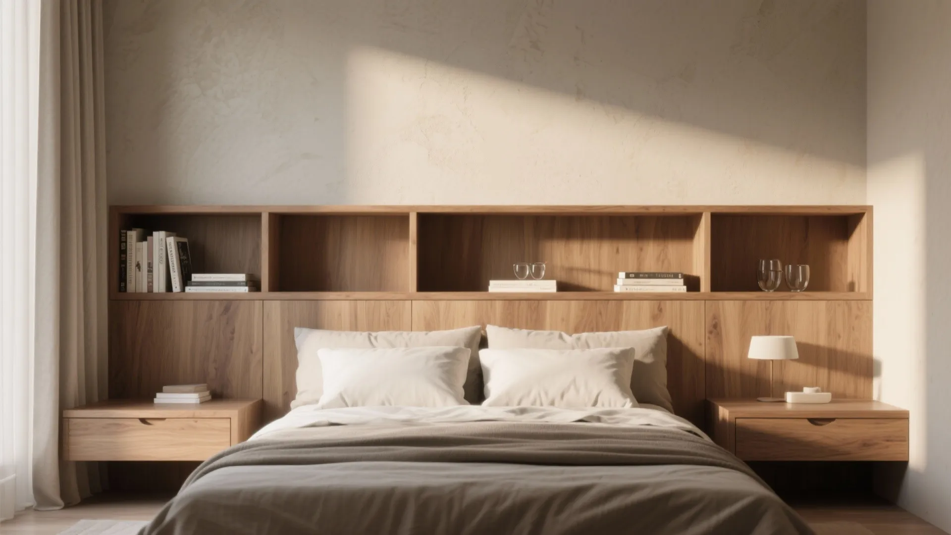 1. Built-in headboard and recessed shelves