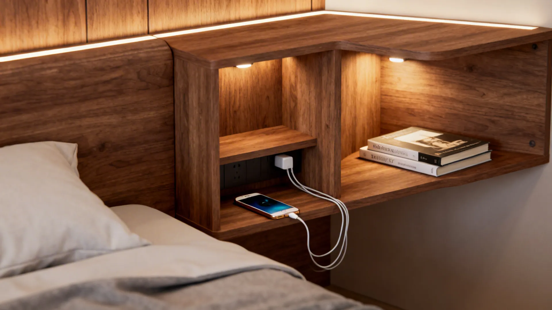 Built-in corner headboard with integrated shelves and recessed lighting holding a phone and books.