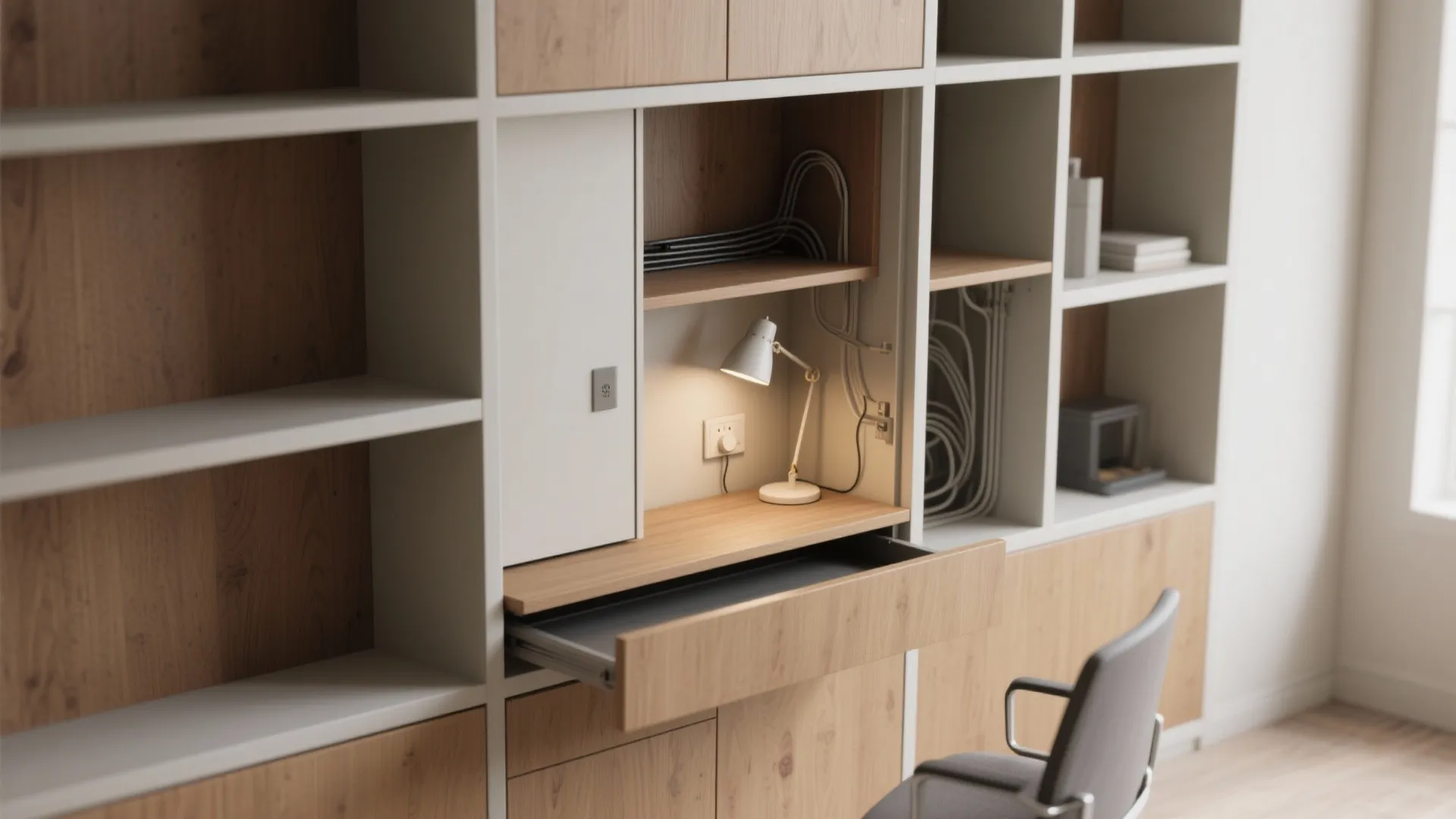 Close-up of a built-in shelving niche with a hidden pull-out desk, task lamp, and tidy cable management.