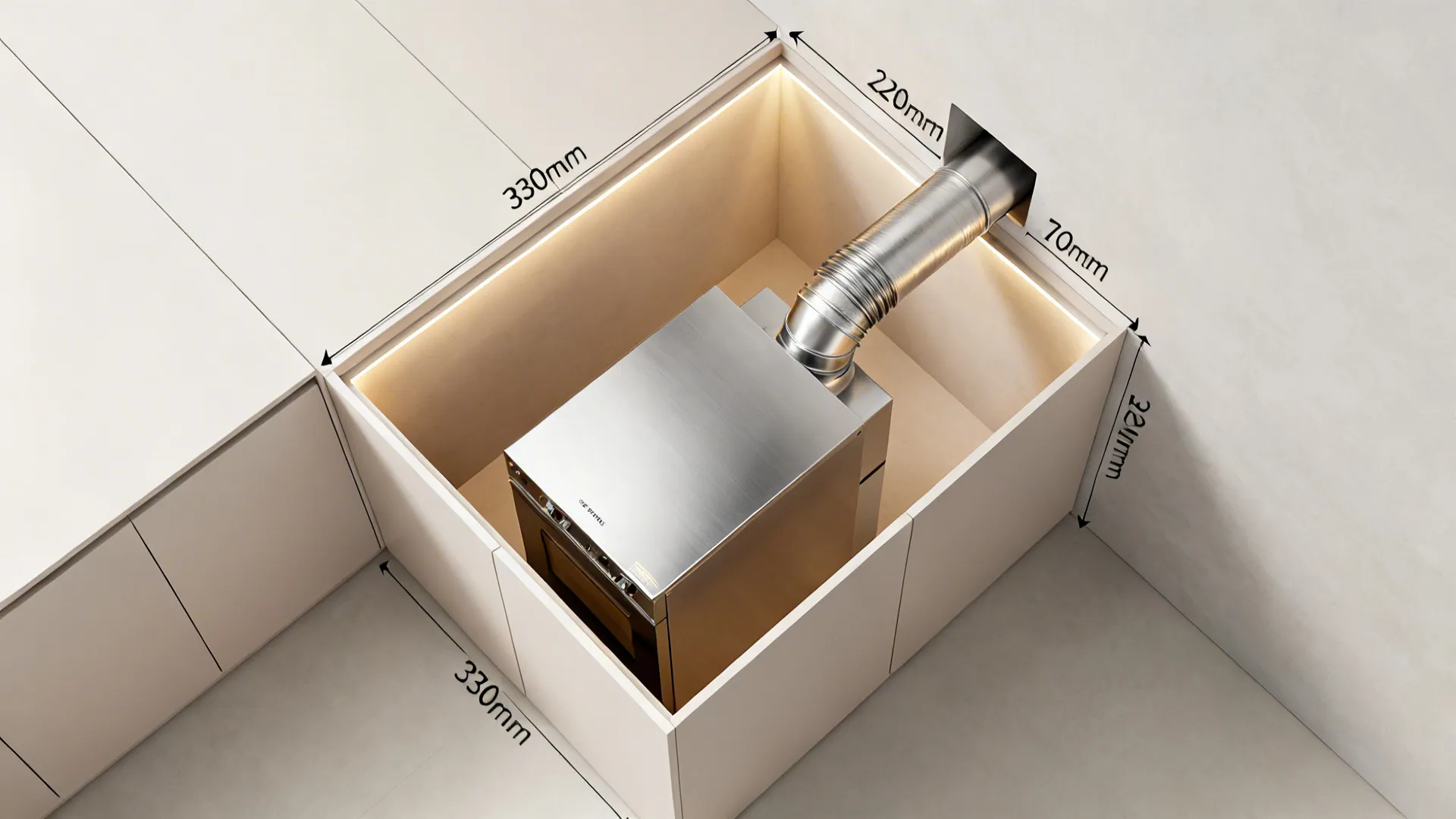 Top-down view showing cabinet cutout and straight duct path for a built-in chimney.