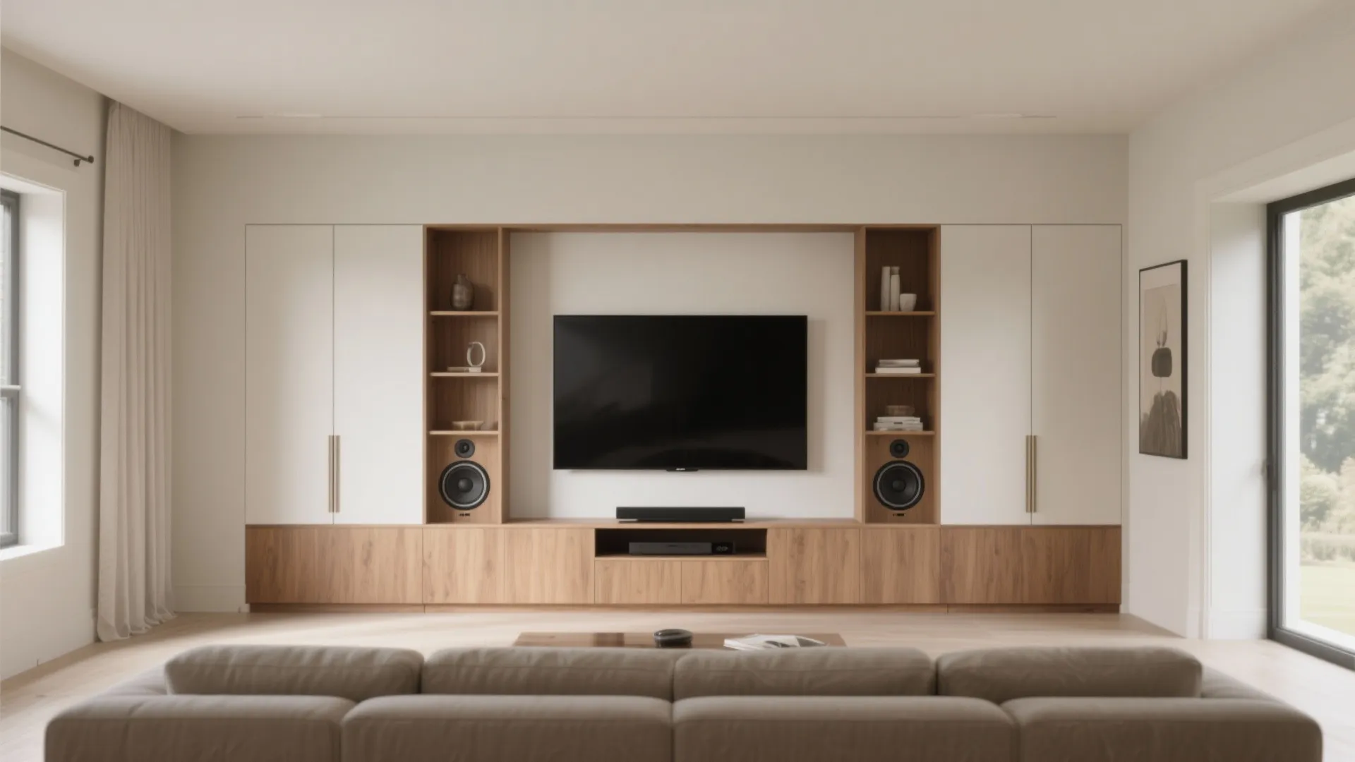Modern living room with built in wood cabinet white wall panels large television and speakers