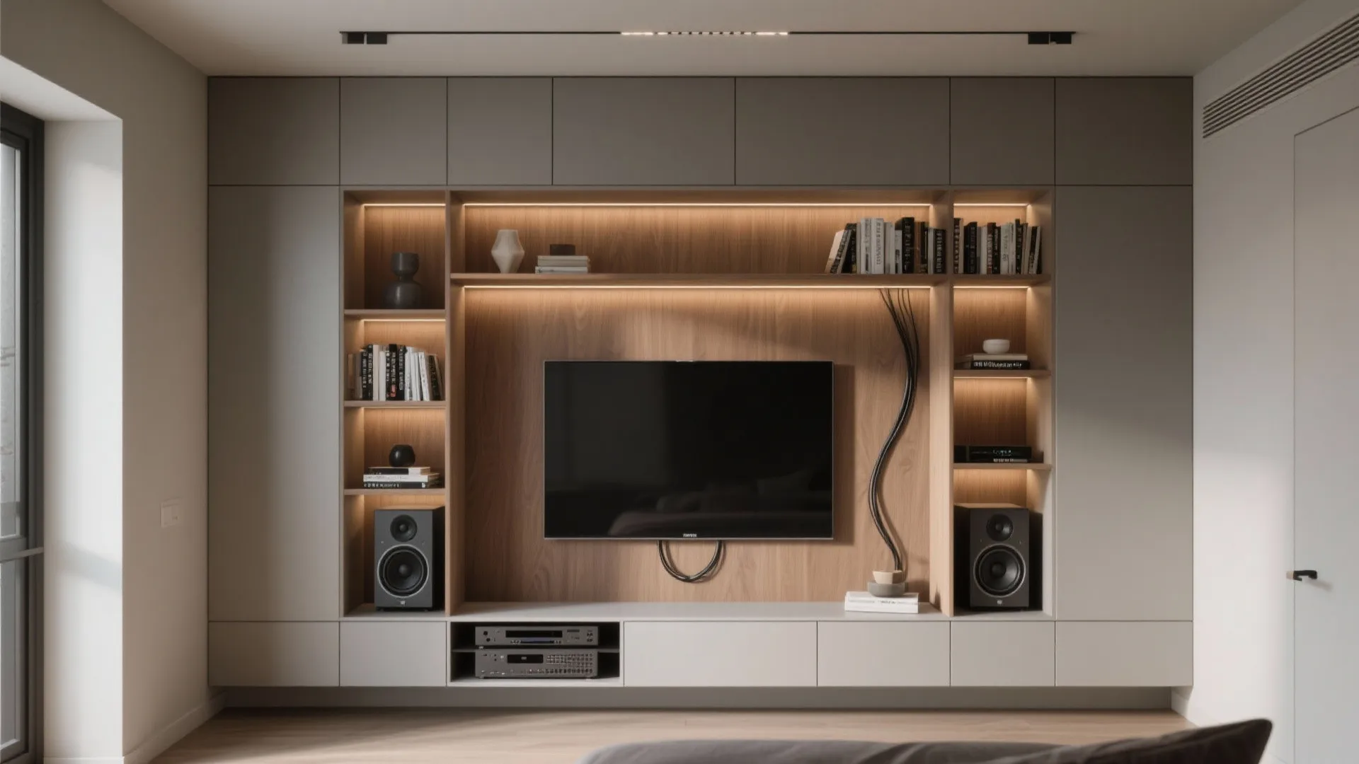 Slim built-in media wall with recessed shelving, hidden cables and compact speaker niches in a small room.