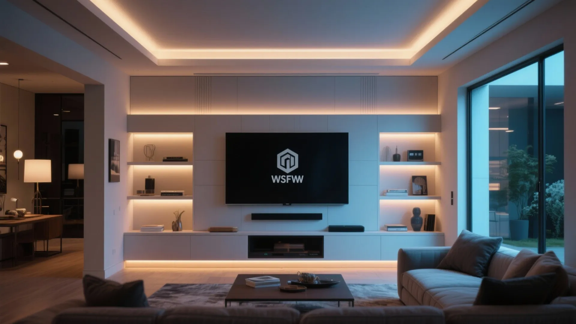 Built-in media wall with recessed shelving and lighting