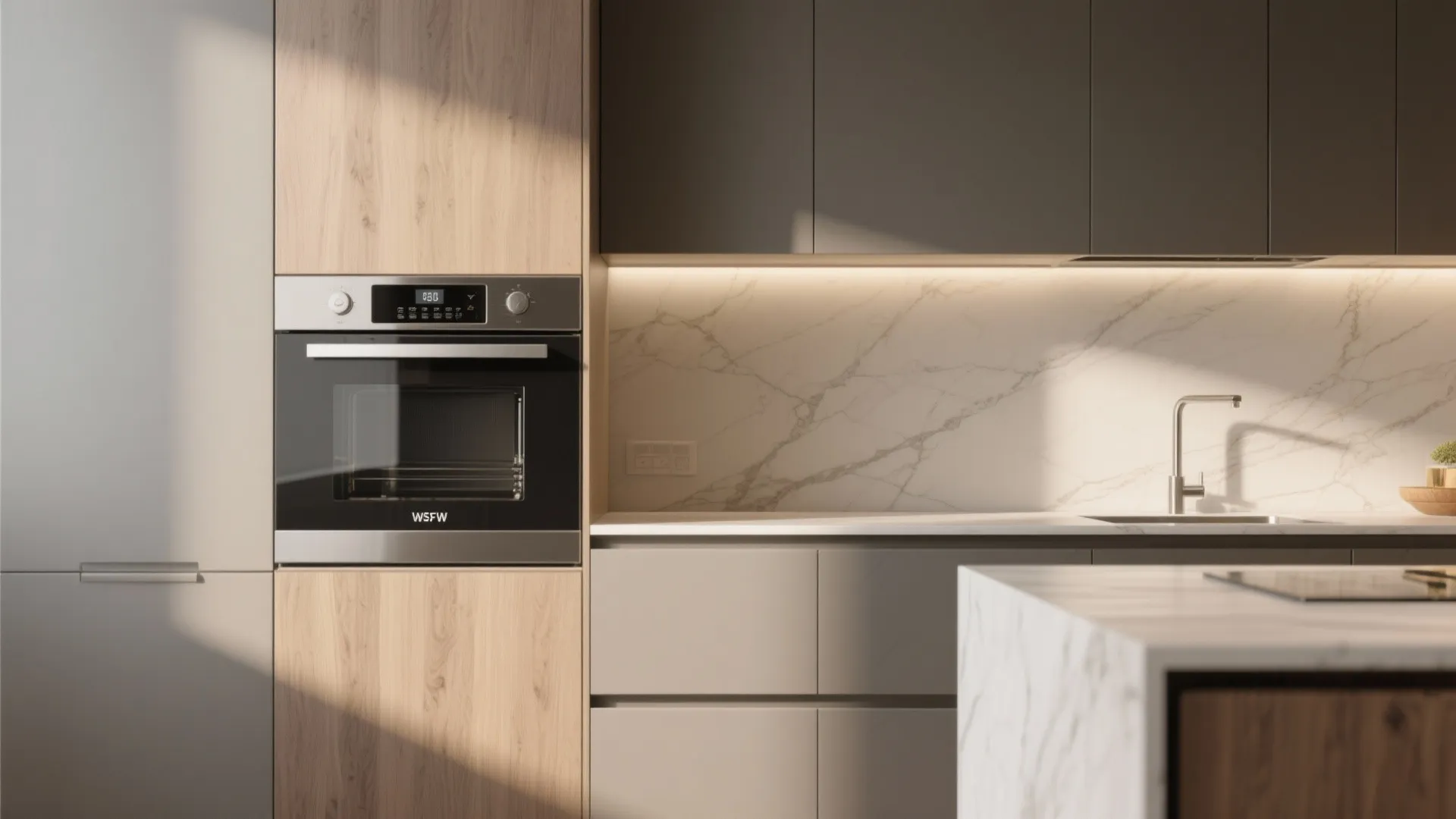 Built-in microwave flush in custom cabinetry with an uninterrupted backsplash in a high-end kitchen.