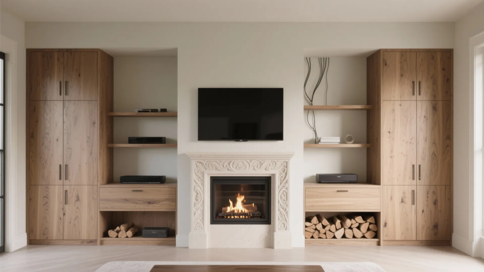 Built-in niche around a fireplace with integrated shelving and hidden media storage, showing clean lines and concealed wiring.