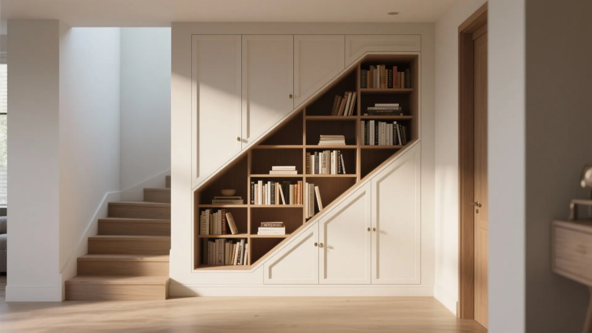 White built in cabinet and wooden bookshelf storage unit under stairs with books and flooring