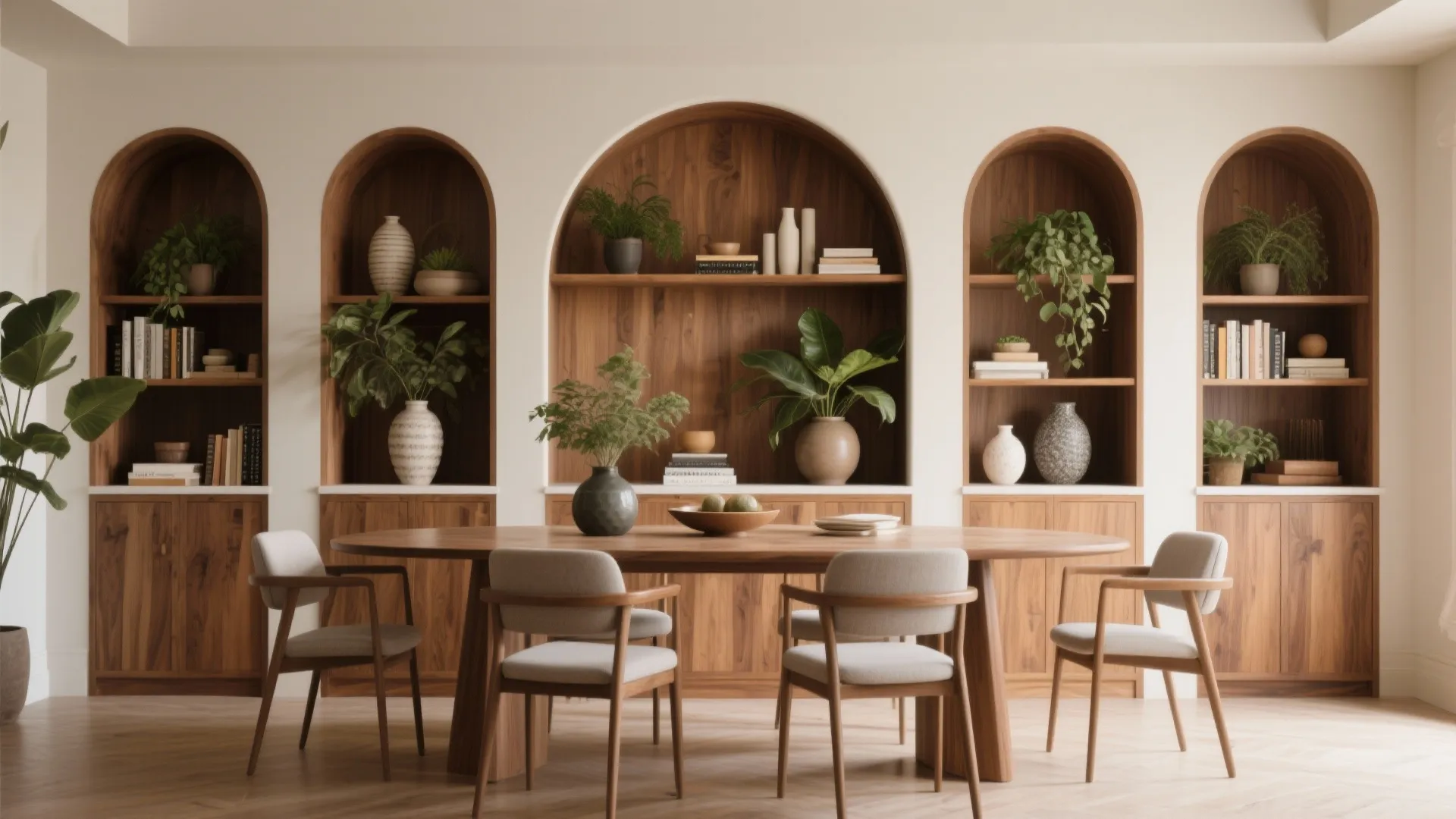 Dining room with built-in arched niches and shelving