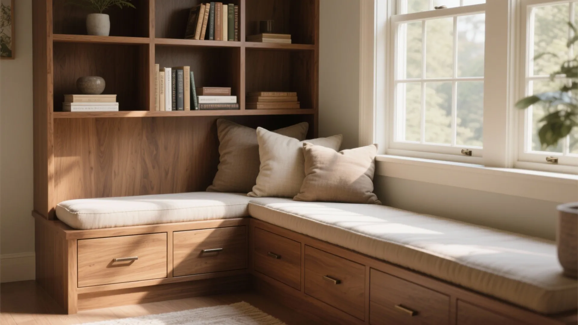 Wooden window seat with beige cushions and pillows next to a built in book cabinet