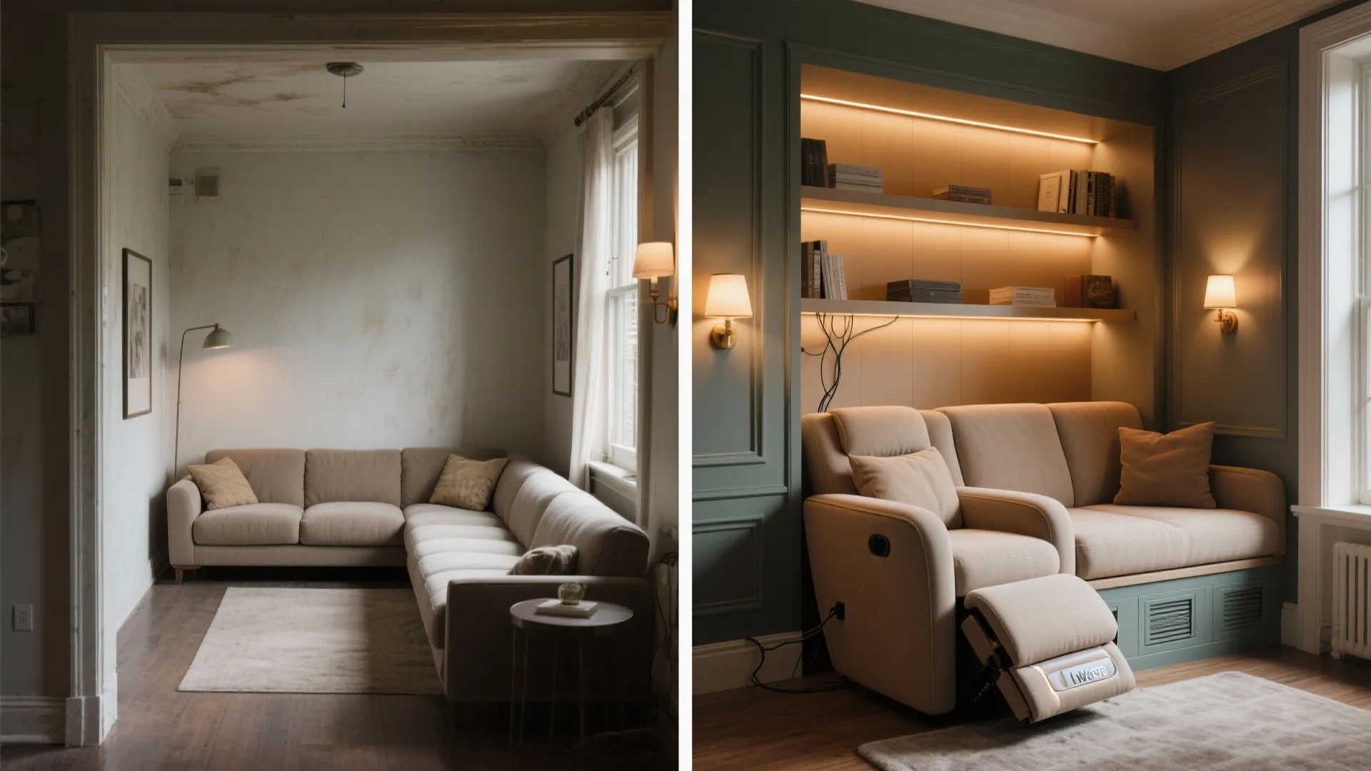 Before and after comparison of a simple living room and a cozy reading wall nook