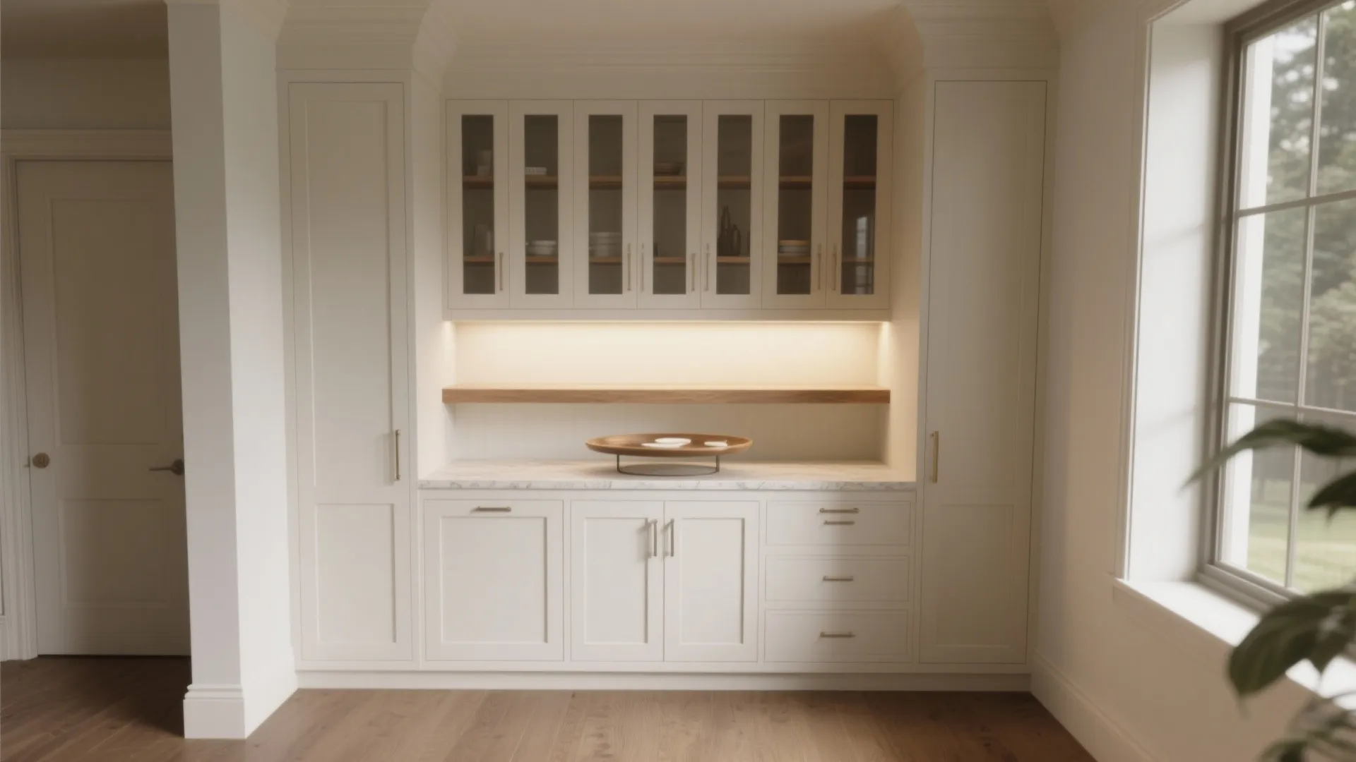 Built-in white cabinet with glass doors wooden shelf marble countertop and warm integrated lighting design