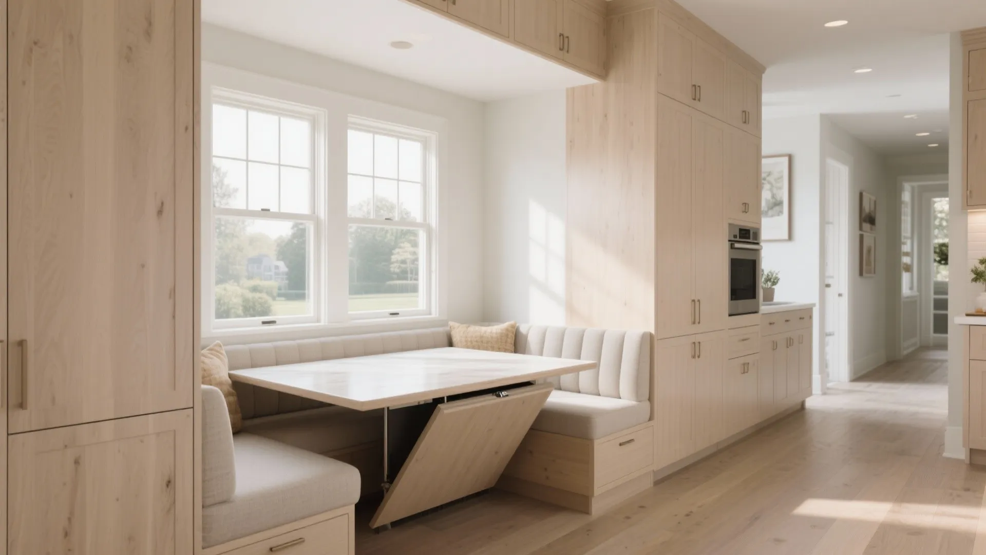 Built-in dining nook with wooden table grey bench seating tall cabinets and large bright windows