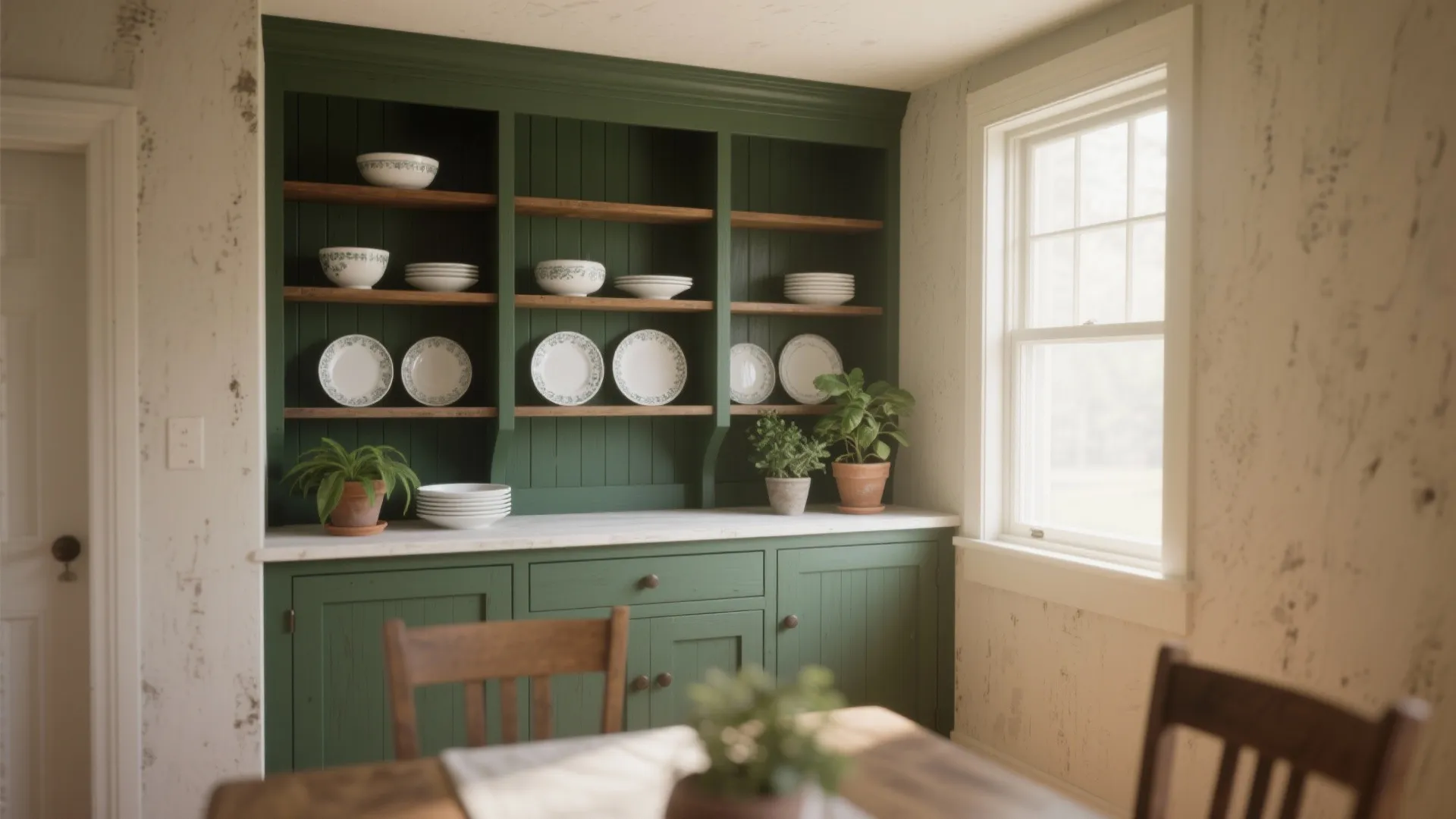 Green kitchen cabinet with open wooden shelves displaying white plates and bowls near a window