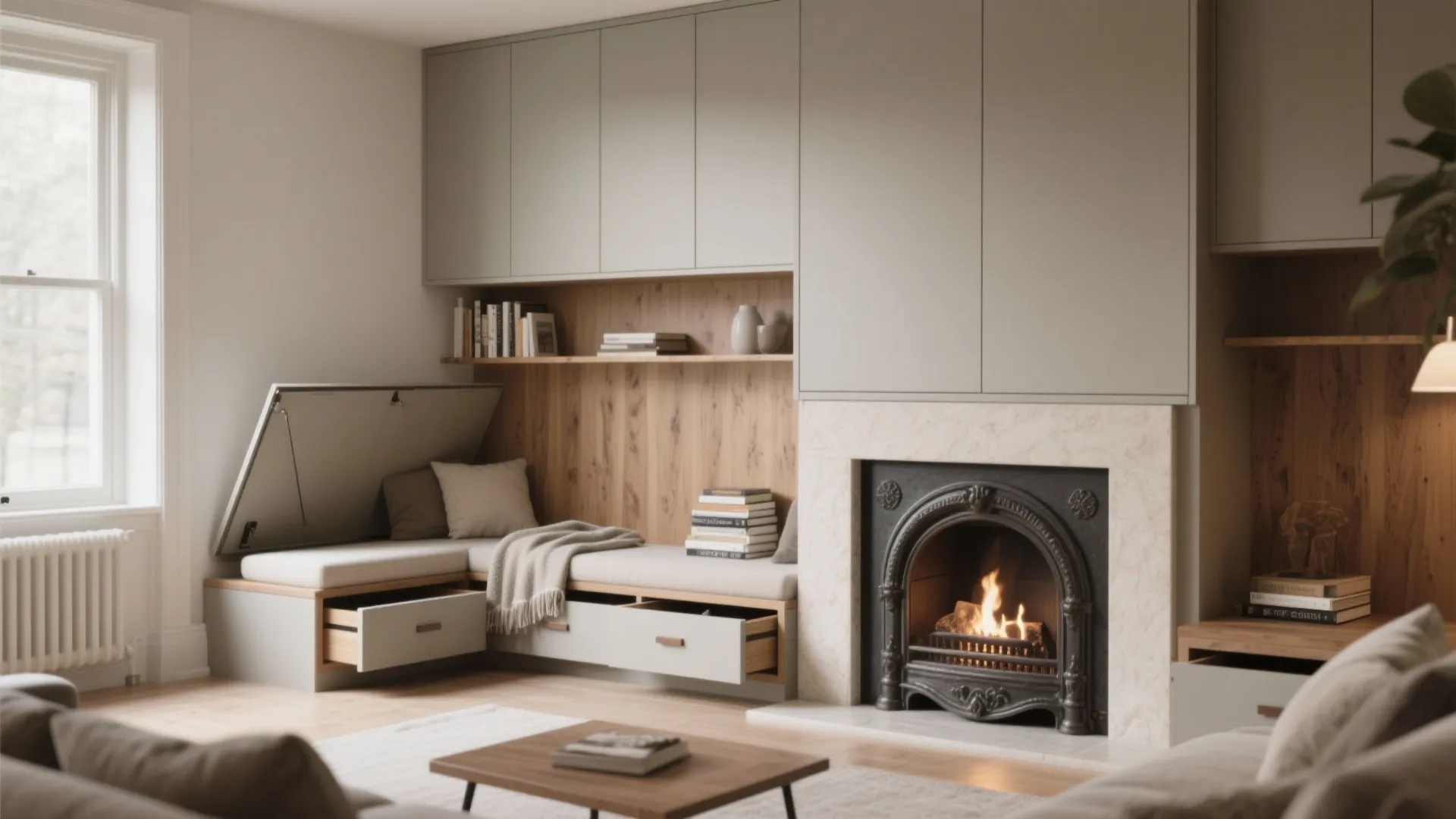 Built-in Seating and Storage Around the Hearth