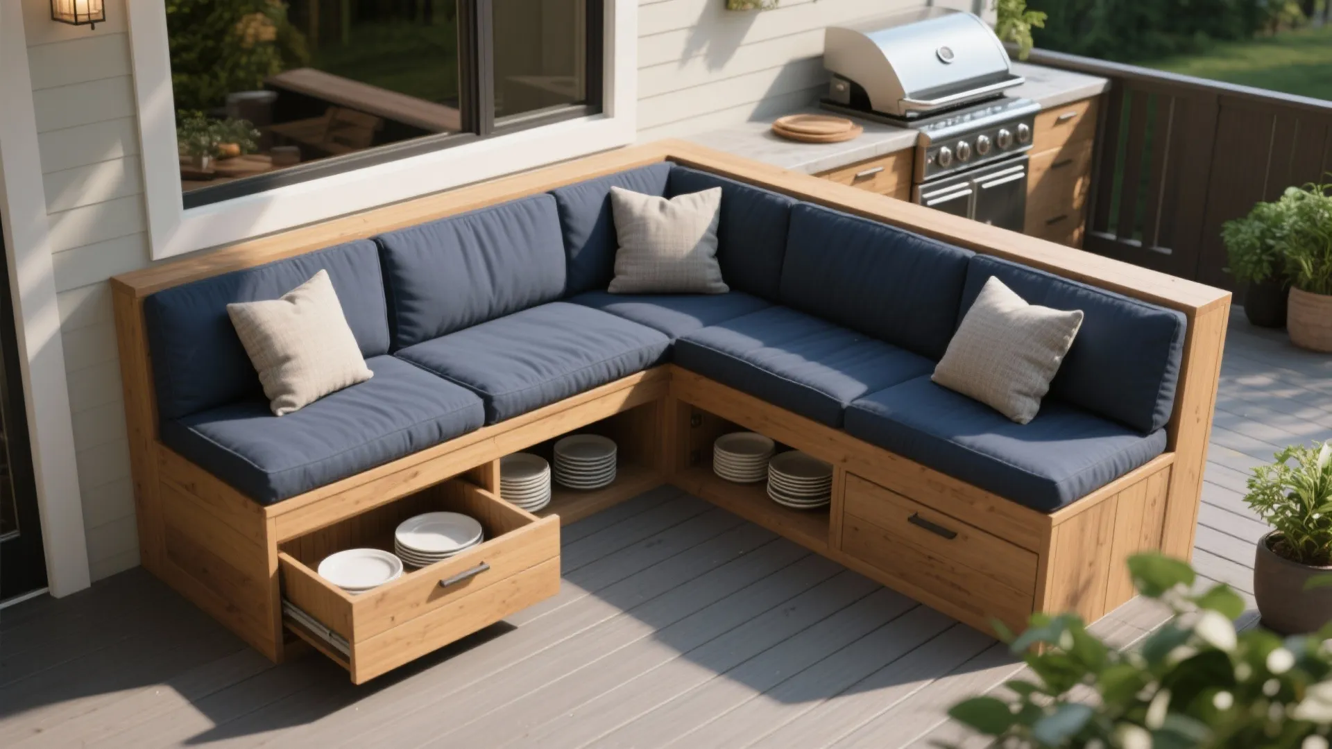 Wooden corner sofa with blue cushions and built-in storage drawers holding white plates on deck
