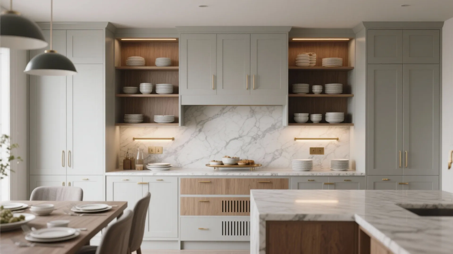 Grey kitchen cabinets with wood open shelves marble backsplash and a large marble island table