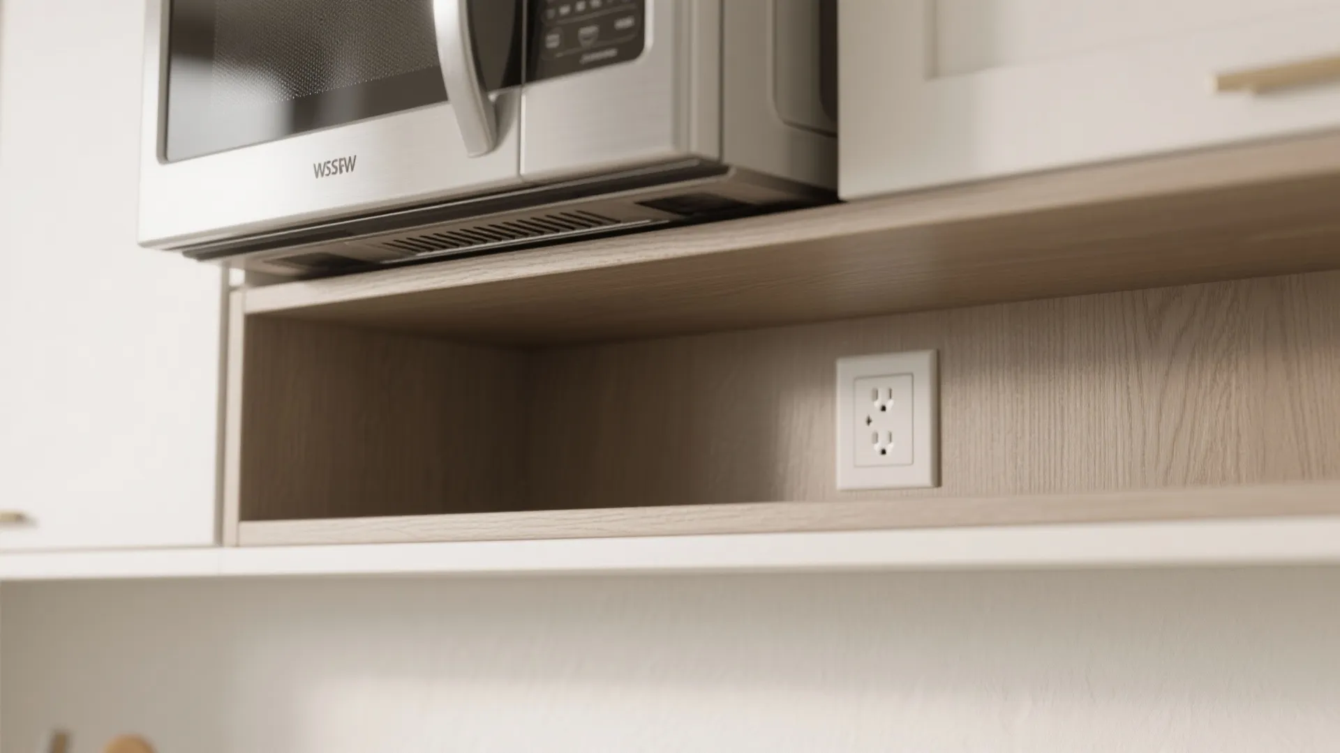 Close up of a microwave placed above a wooden shelf with a white wall outlet