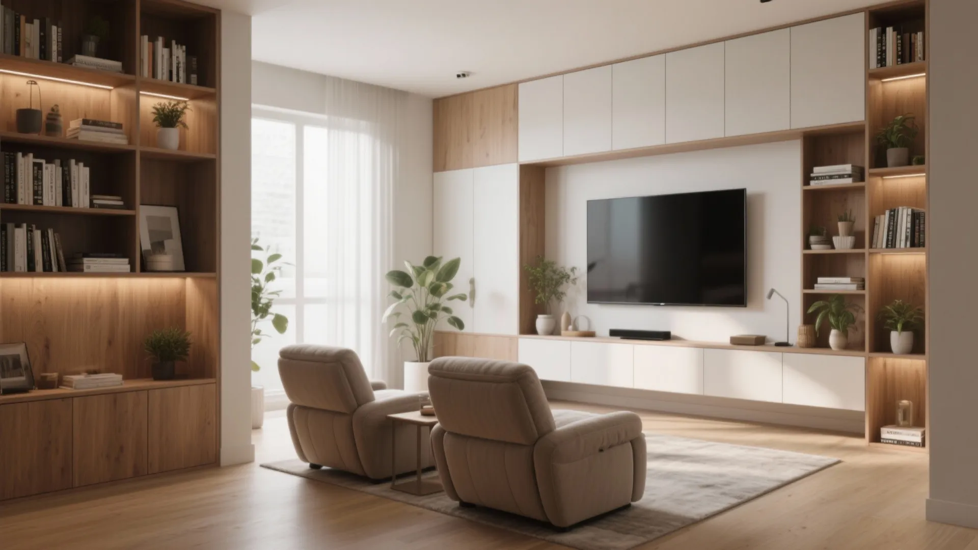 4. Built-in Shelving and Wall-Mounted Media to Maximize Floor Space
