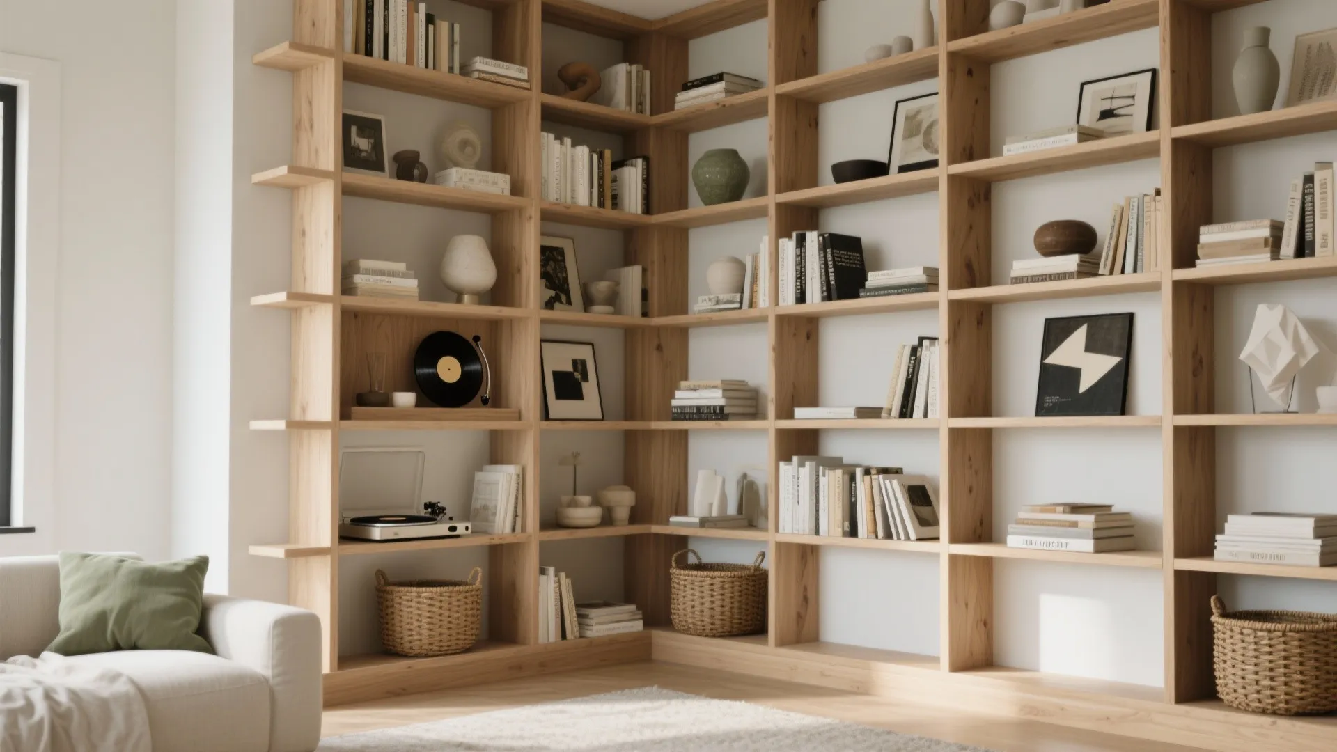 Floor-to-Ceiling Built-In Wood Shelves