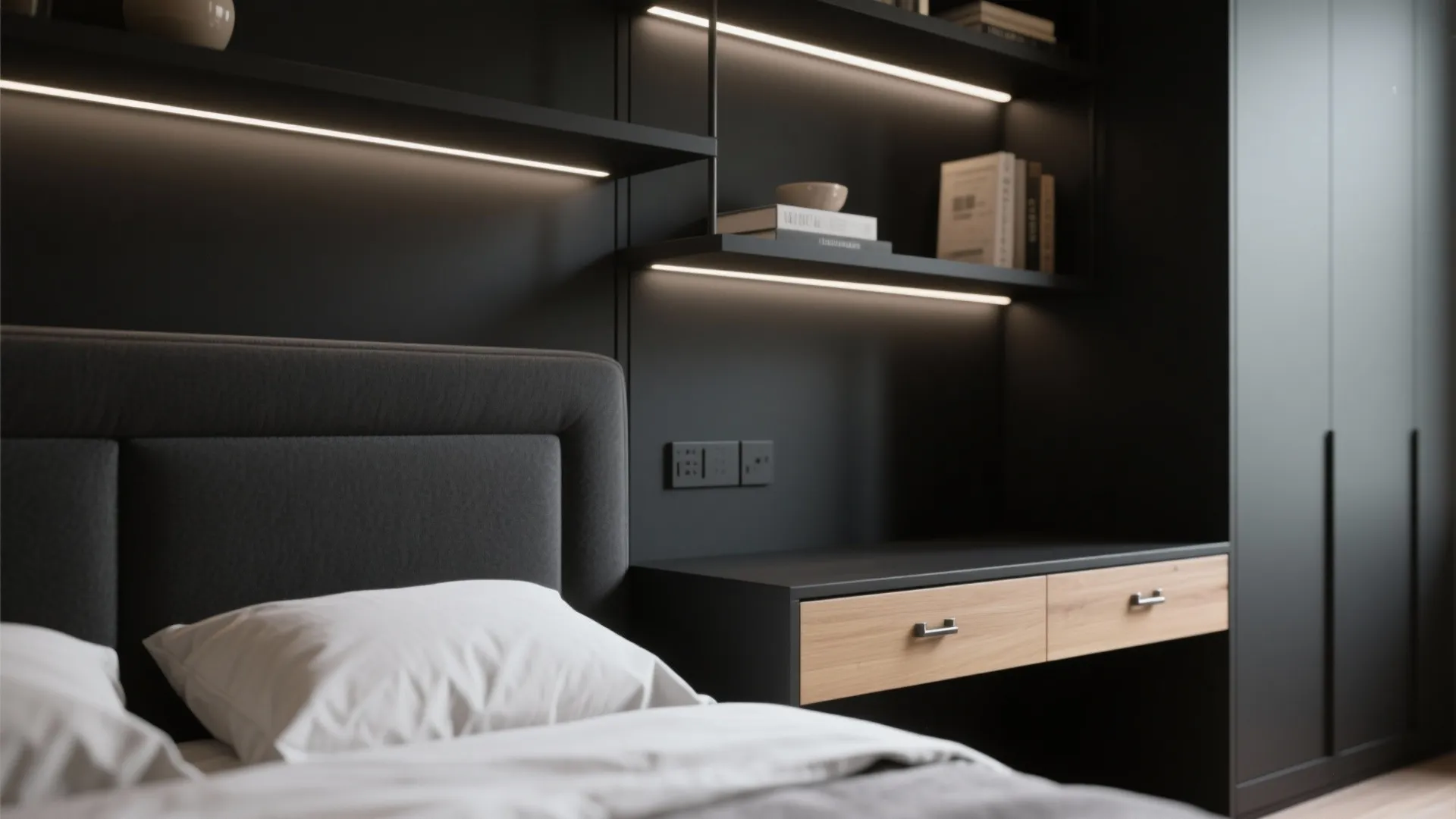 3. Built-in black storage and floating shelves