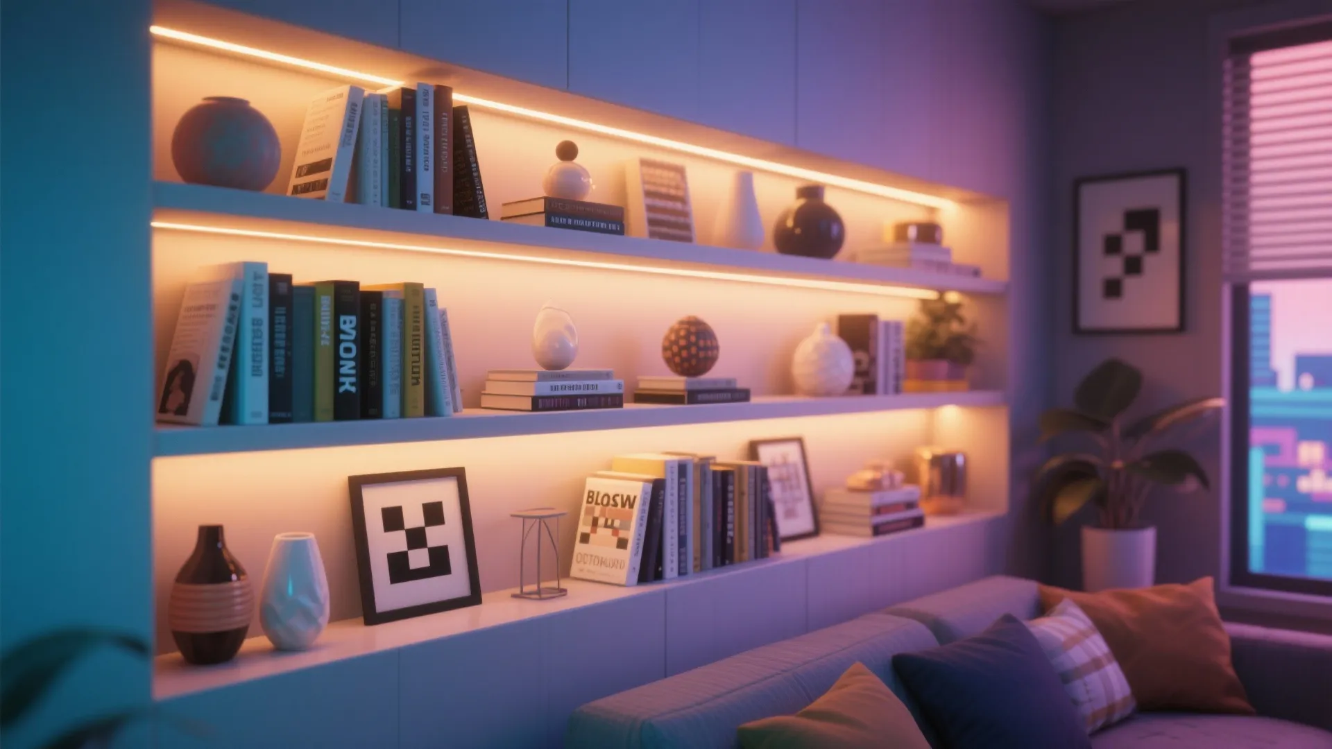 Built in wall shelves with warm light strips holding books and vases behind a sofa