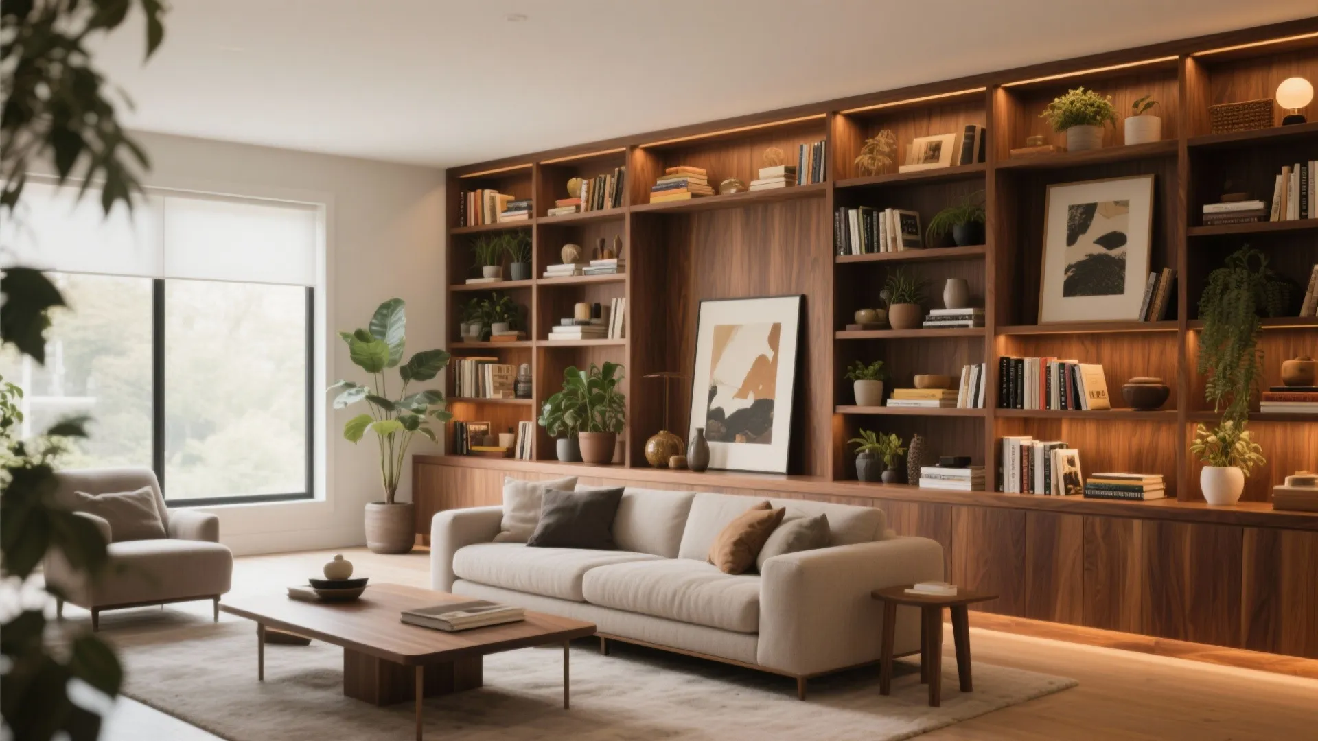 Modern living room featuring a large wooden wall cabinet with books and many green plants