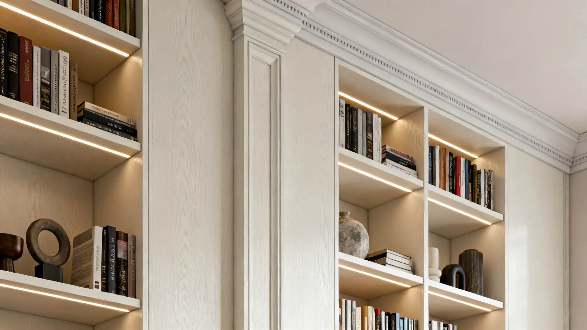 Built-in white wall shelving unit with integrated light strips displaying various books and decorative items