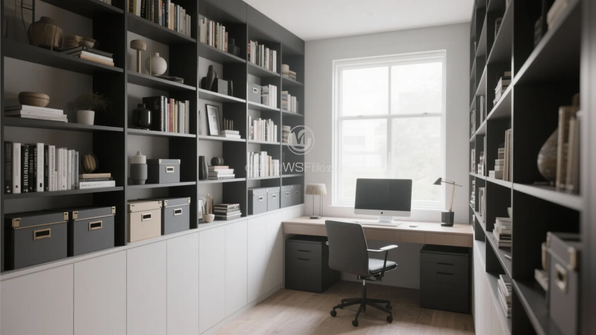 Home office with modern built-in wall shelves