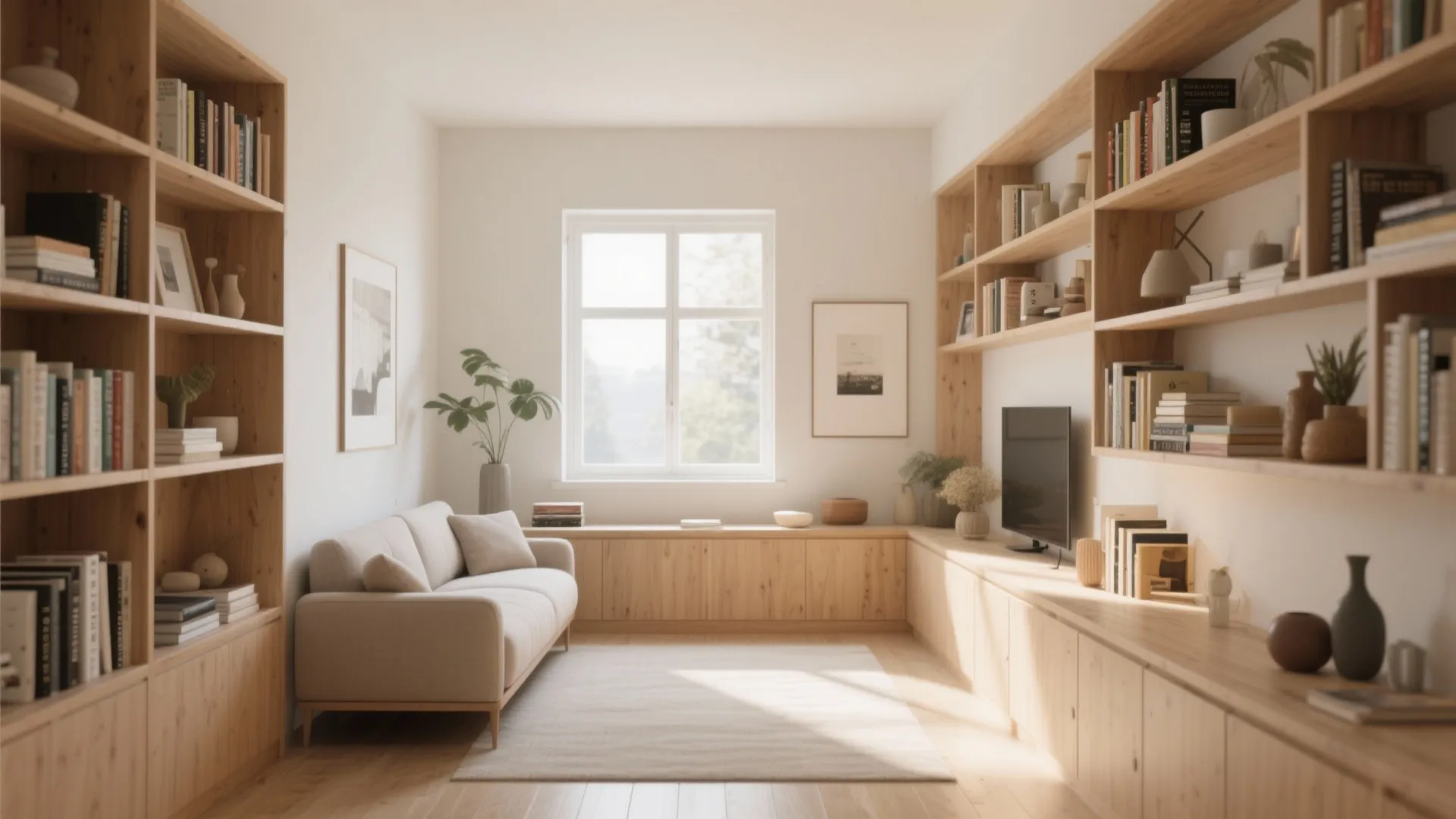 Minimalist living room with wooden bookshelves sofa window light wood floor and clean white walls
