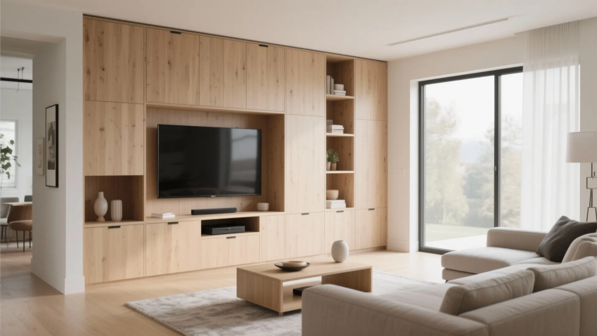Modern living room featuring large wooden wall cabinet system with integrated television and light grey sofa