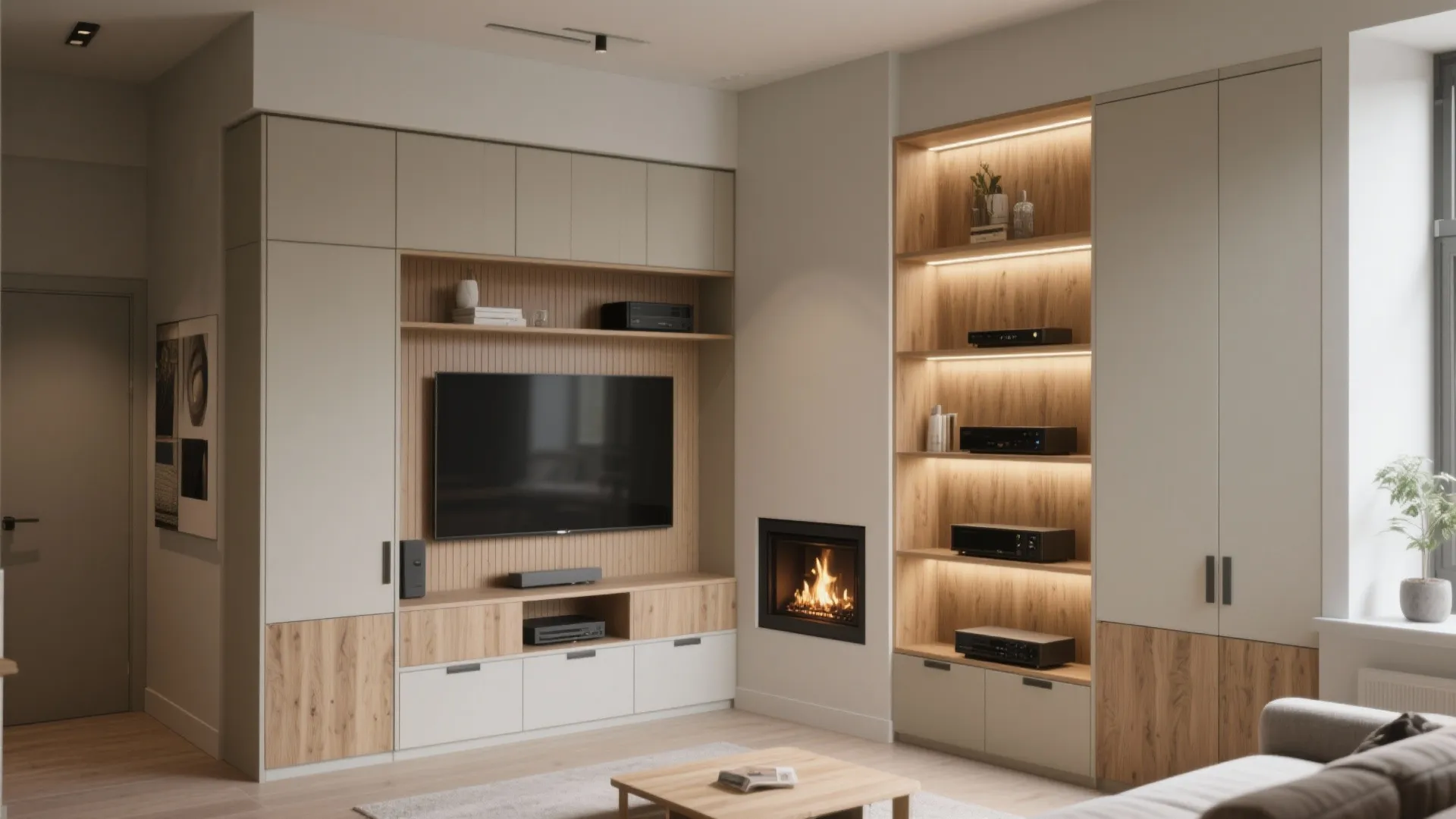 4) Built-in Corner Storage That Blends Fireplace and Media