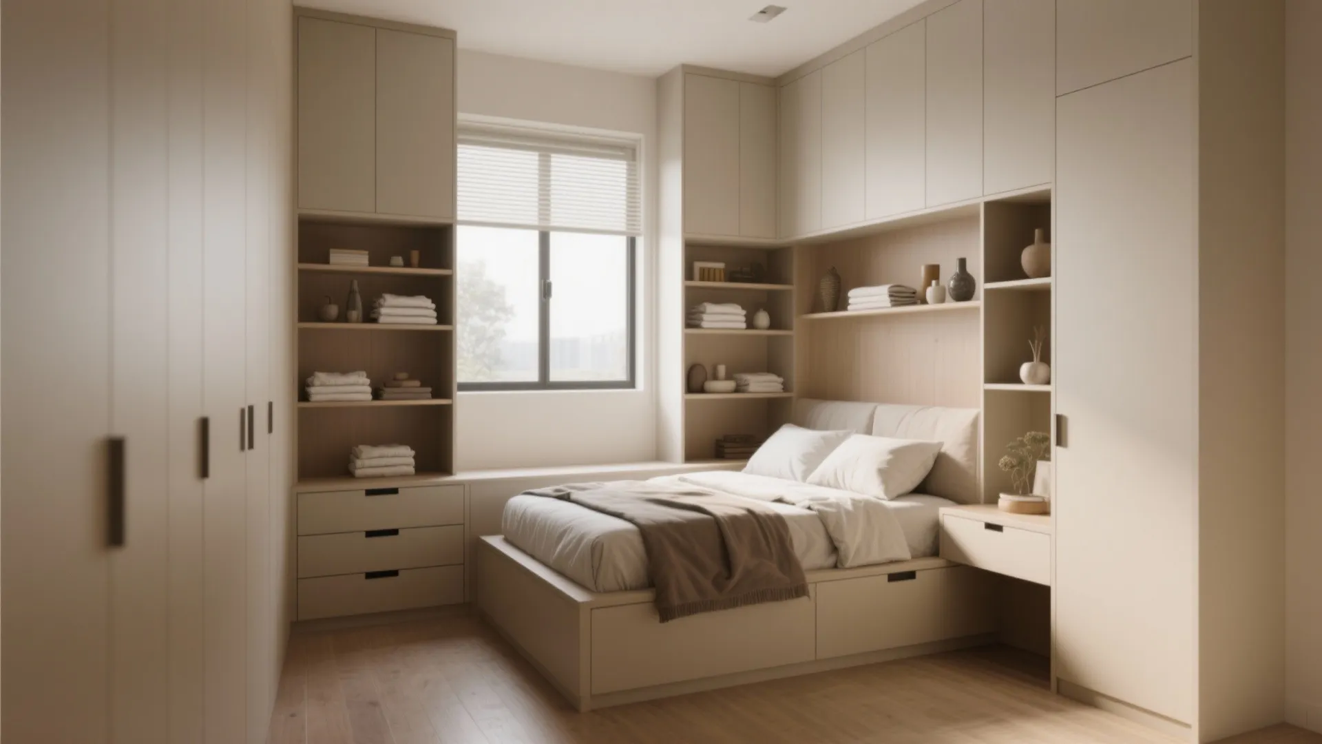 Small minimalist bedroom with beige built-in wall cabinets, open shelves, and bed by the window