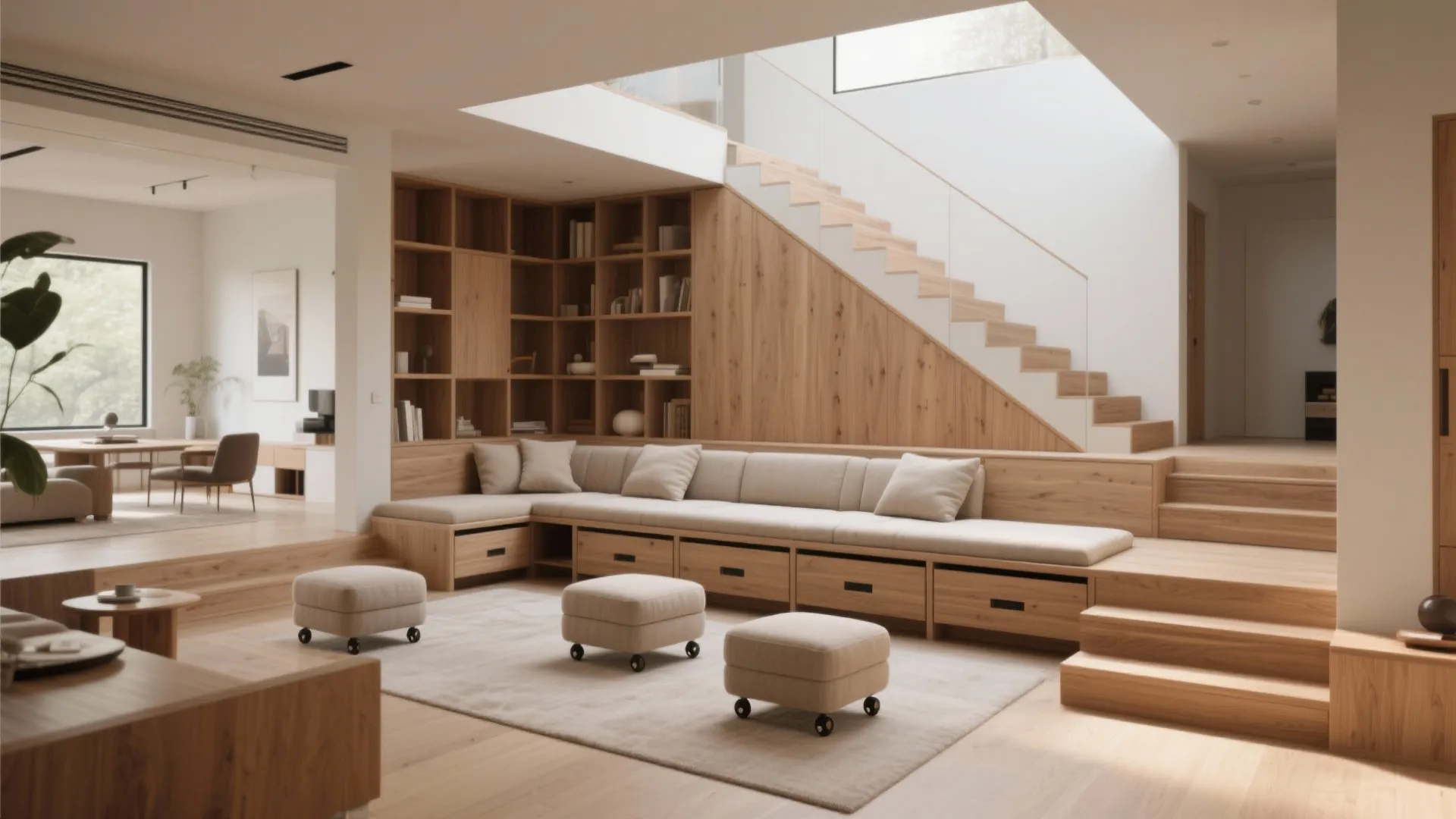 Living room with wooden cabinet storage under stairs long sofa three footrests and a wooden staircase