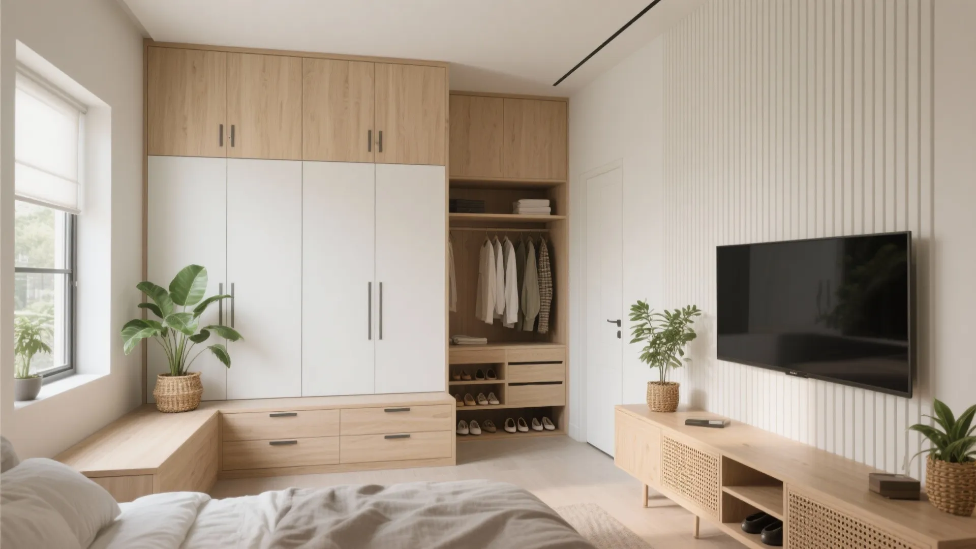 Built-in storage and natural materials that feel human