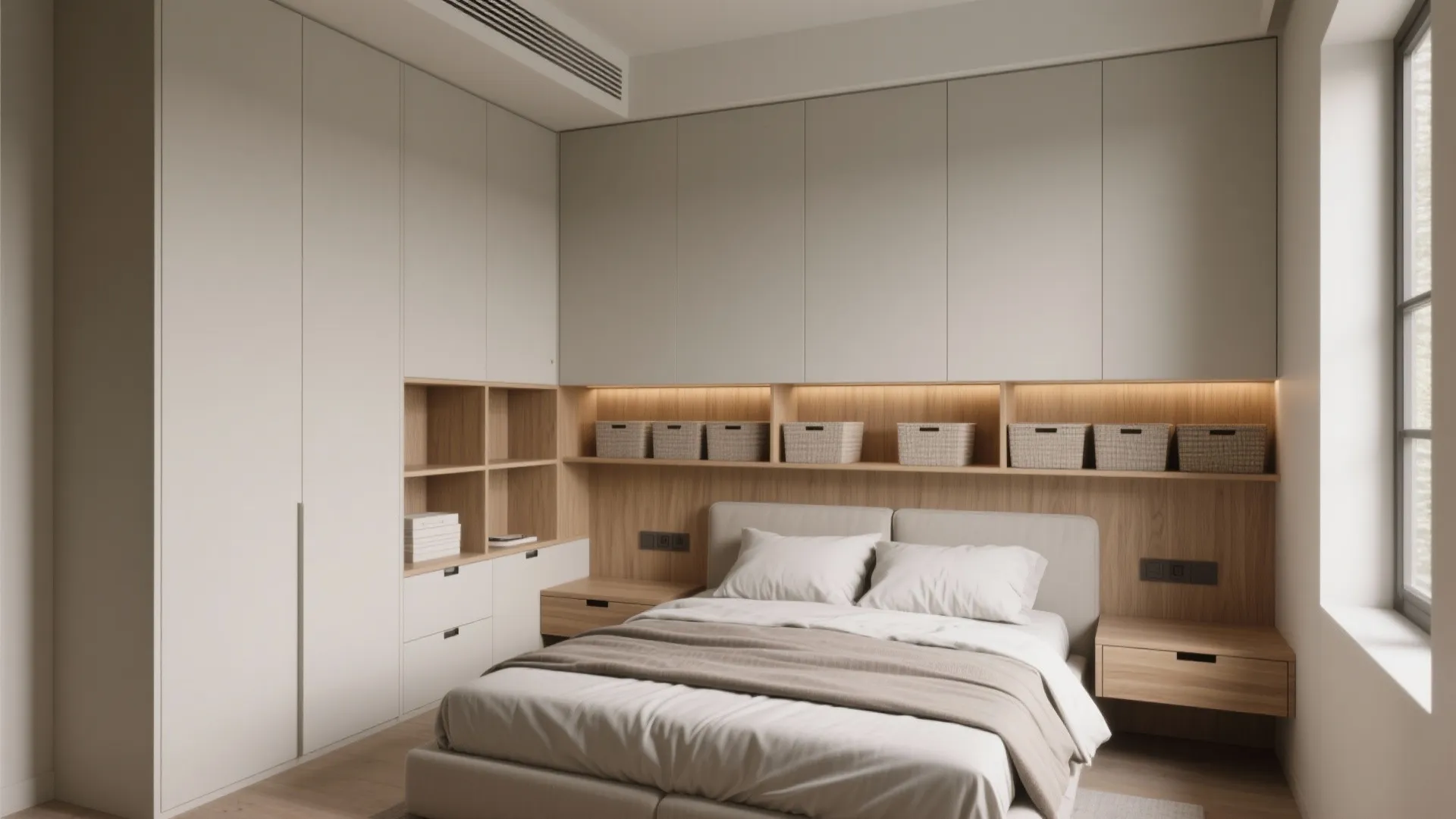 Modern bedroom featuring built-in white cabinets wood wall panel storage baskets and a cozy double bed