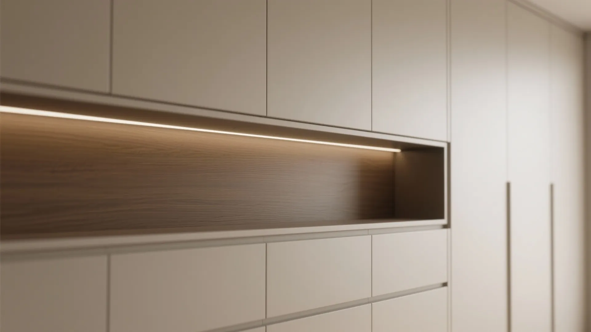 Modern cream cabinet with wooden open shelf and integrated light fixture for sleek home storage