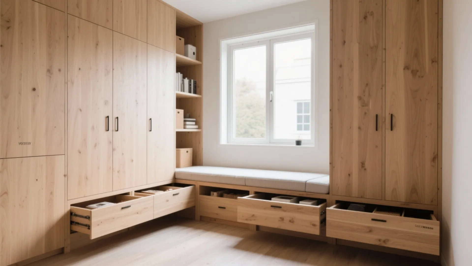 Light wood wall cabinet system with window seat open drawers bookshelves and clean white walls