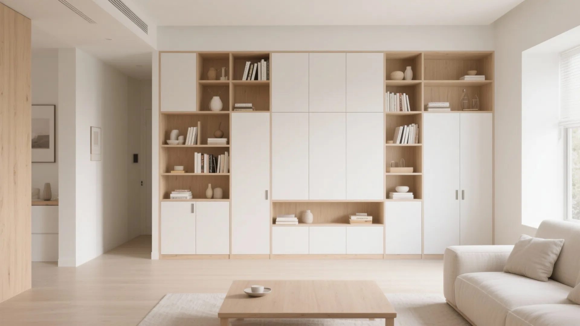 Minimalist living room with large white and wood wall cabinet unit coffee table and cream sofa