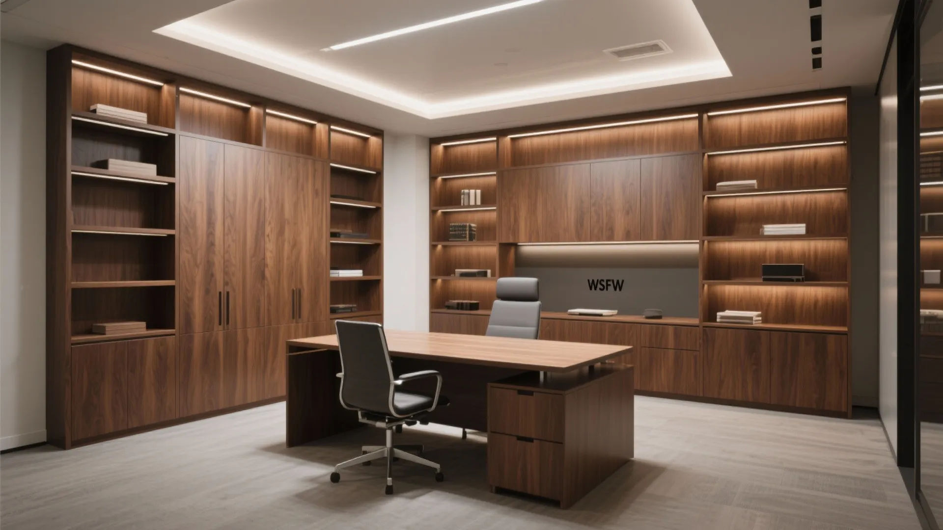Modern office room with large wooden wall cabinets a big desk and two grey chairs