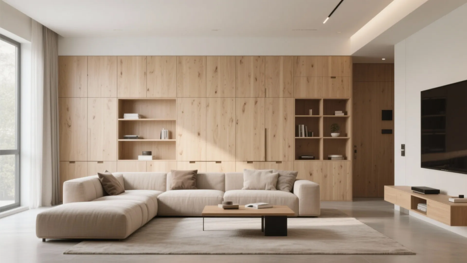 Modern living room featuring a large wooden storage wall with built in shelves and beige sofa