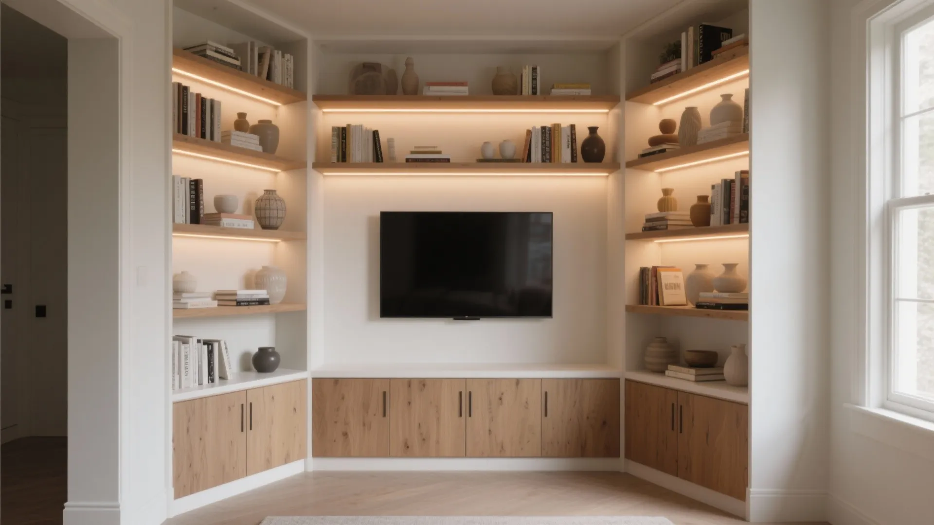 Built-in corner bookcase that wraps the TV wall