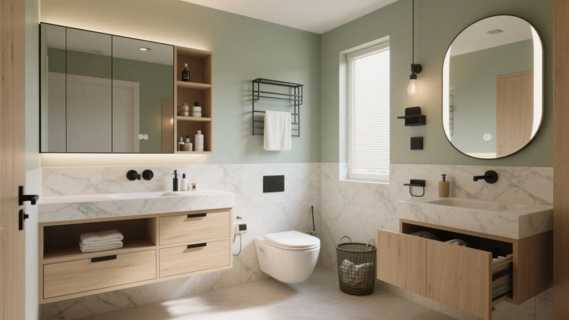 Modern green bathroom with double wood cabinets marble counters white toilet round mirror and wall lights