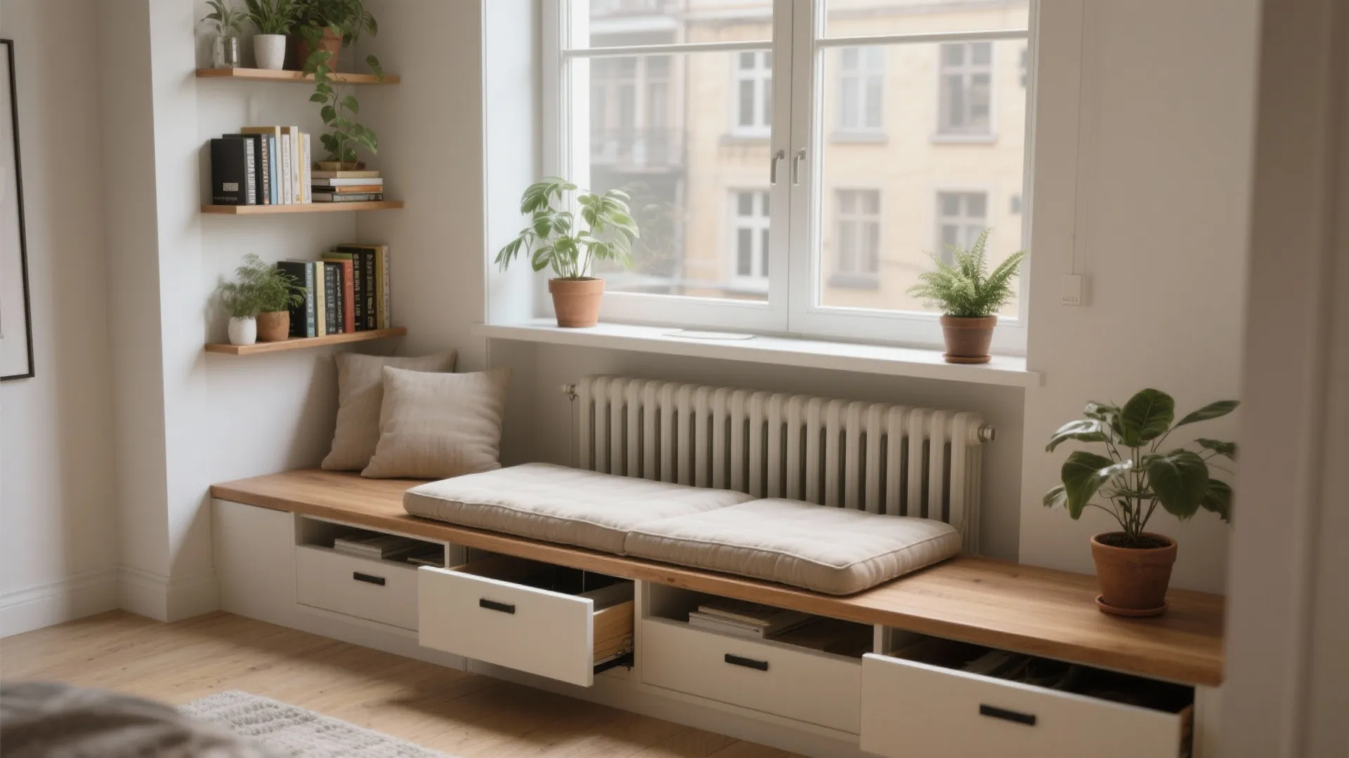 Built-in wooden window bench with white storage drawers cushions small green plants and natural light
