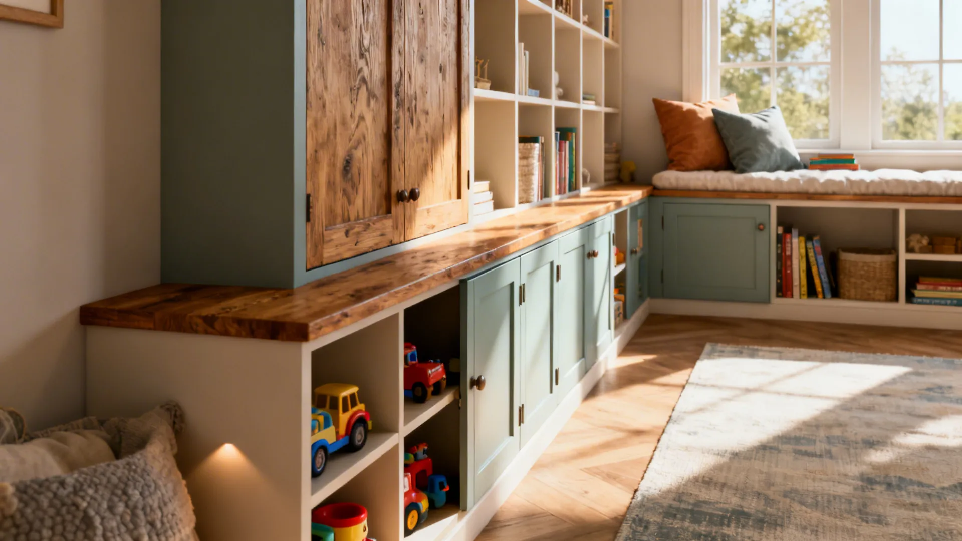 Built-in cabinets and wooden shelves with toys plus comfortable window bench with soft colorful pillows