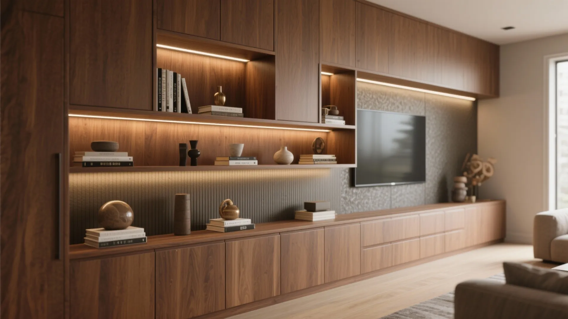 Large wooden wall cabinet with built in shelving led lighting books and television in living room