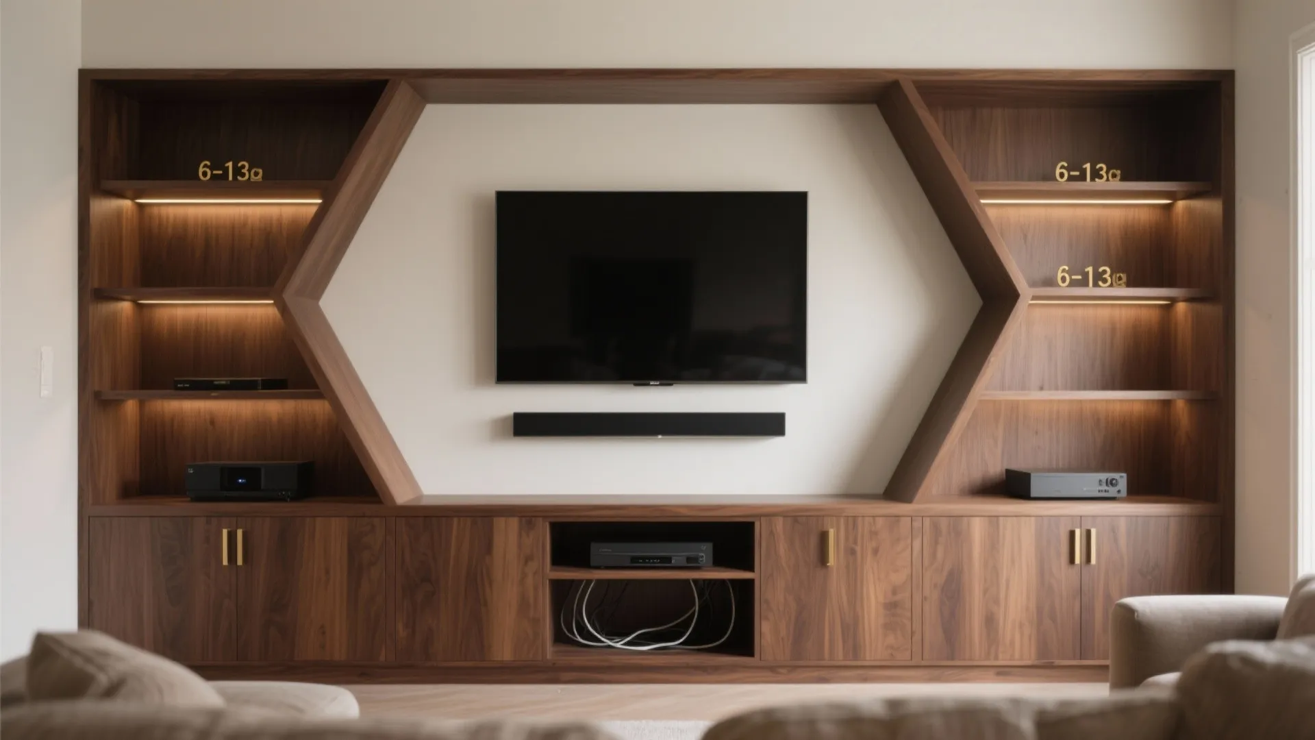 Modern wood wall cabinet with built in shelving around a large television and warm lighting