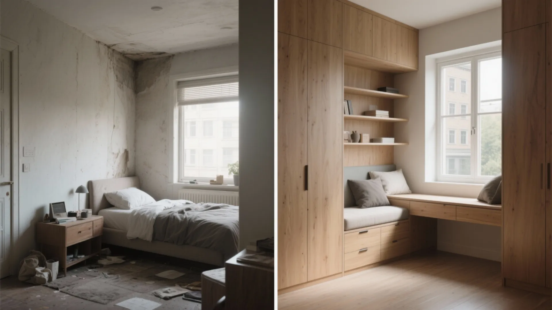 Before and after comparison of messy old bedroom versus clean modern wood built-in study area