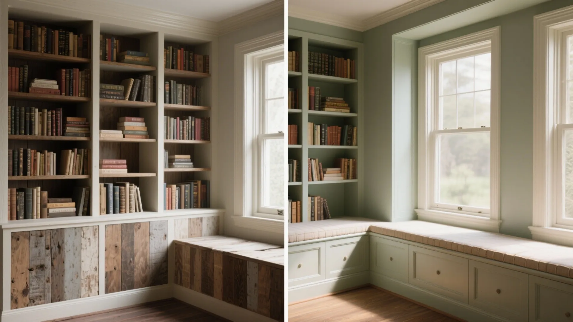 Split before-and-after of built-in bookshelves and window seat showing raw wood versus painted enamel finish.