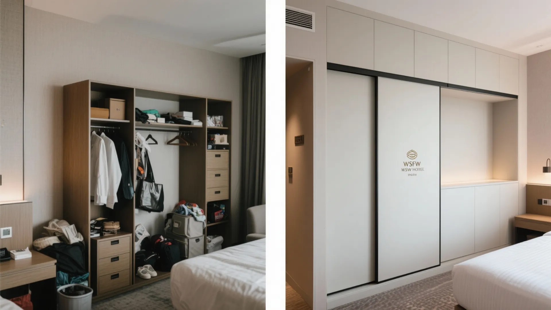 Before-and-after showing messy freestanding storage replaced by clean built-ins in a small room.