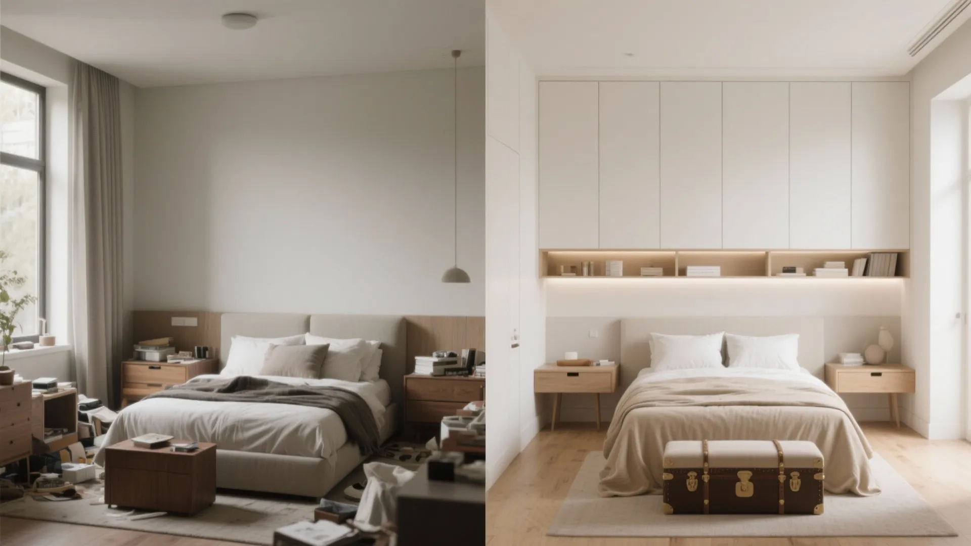 Before and after comparison showing a messy bedroom versus a clean organized room with cabinets