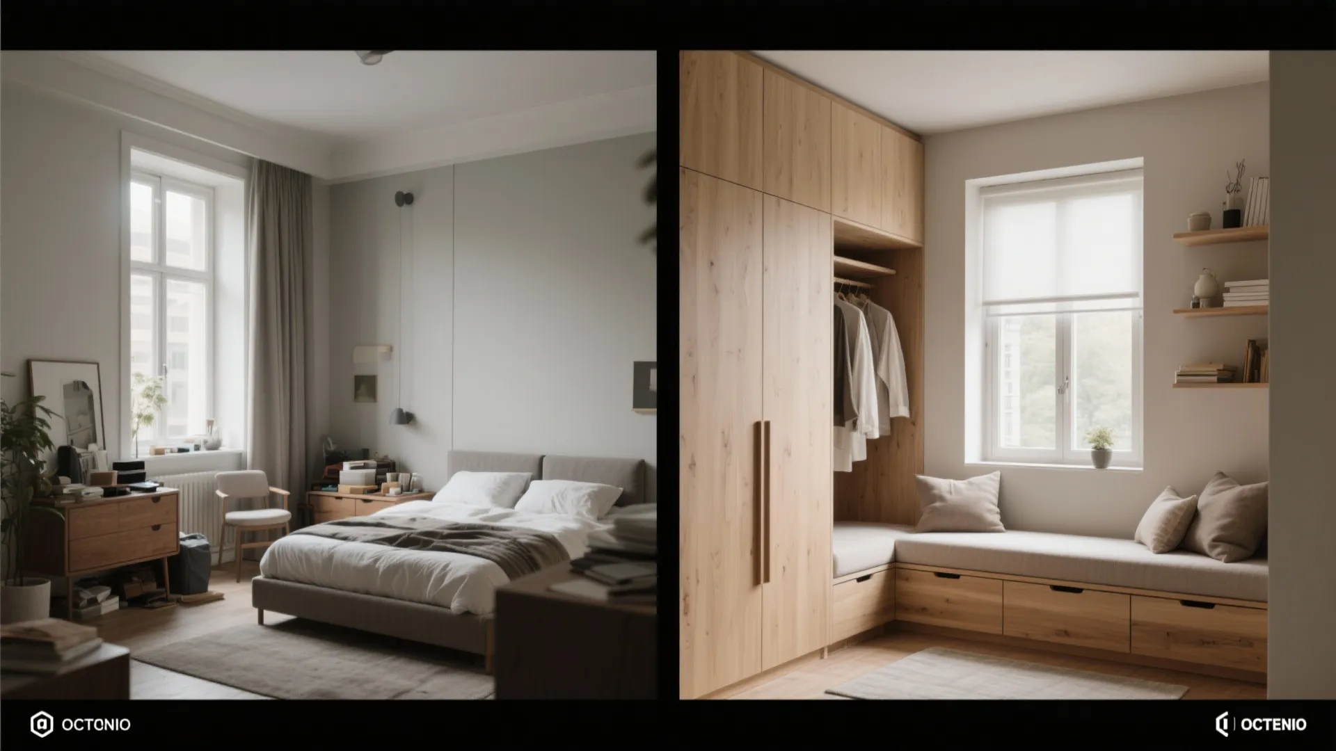 Before-and-after view: cluttered small room vs integrated built-ins with window seat and hidden drawers.